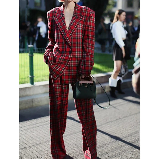 New Women's Two Pieces Pants Sets Double Buttons Classic Elegant Red Plaid Blazer Professional Business Wear Daily Office Suits