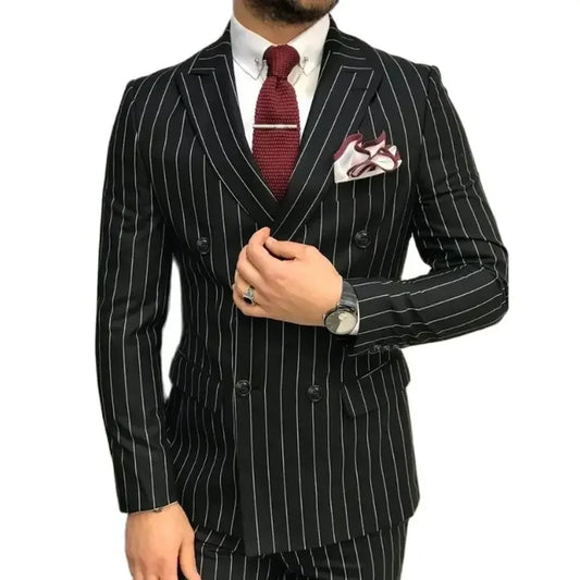 Black Striped Men Suits Wedding Groom Male Clothing Double Breasted Peak Lapel BlazerSlim Fit 2 Piece Jacket Pants Full Set
