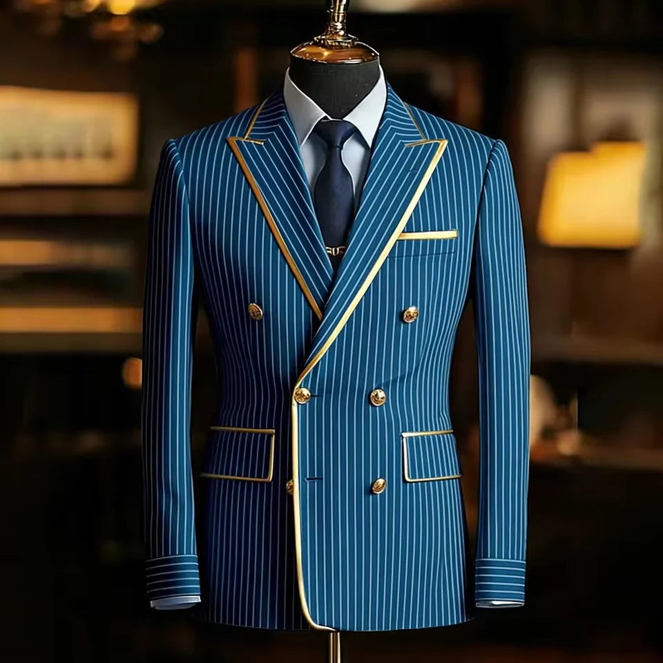 Pinstripe Double Breasted Peak Lapel Mens Suit Jacket Business Slim Fit Gold Trim Striped Coat Formal Wedding Prom Banquet Party