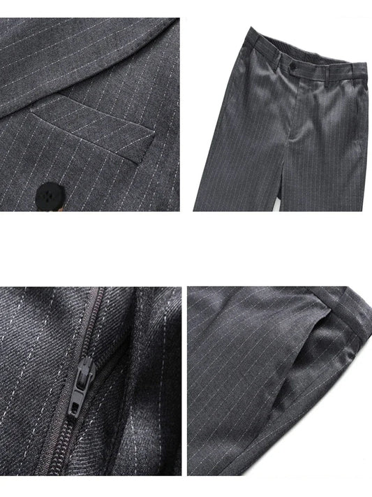 Men's Double-Breasted Slim Fit Striped Suit Set for Business, Casual & Wedding Occasions