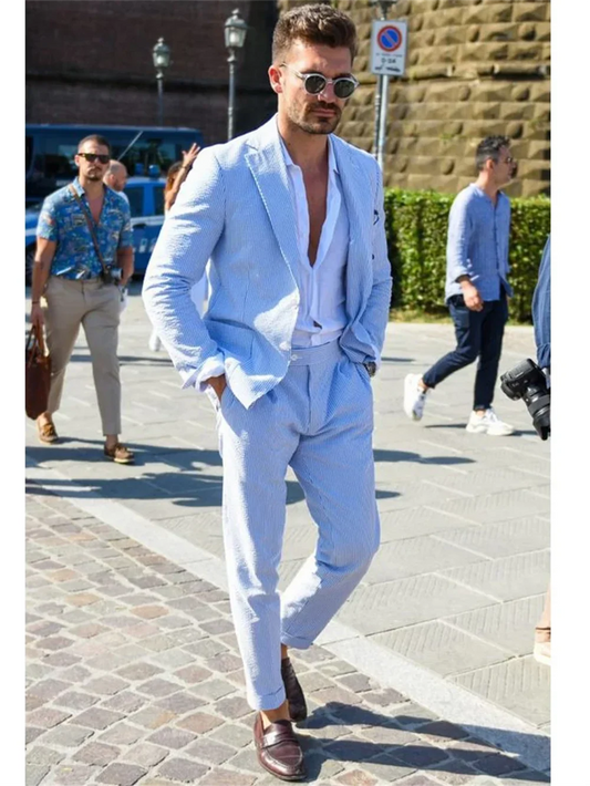 2 pièces costume homme bleu ciel seersucker, revers cranté, pour l'été, les loisirs, la plage, veste+pantalon, pour marié ou smoking de mariage