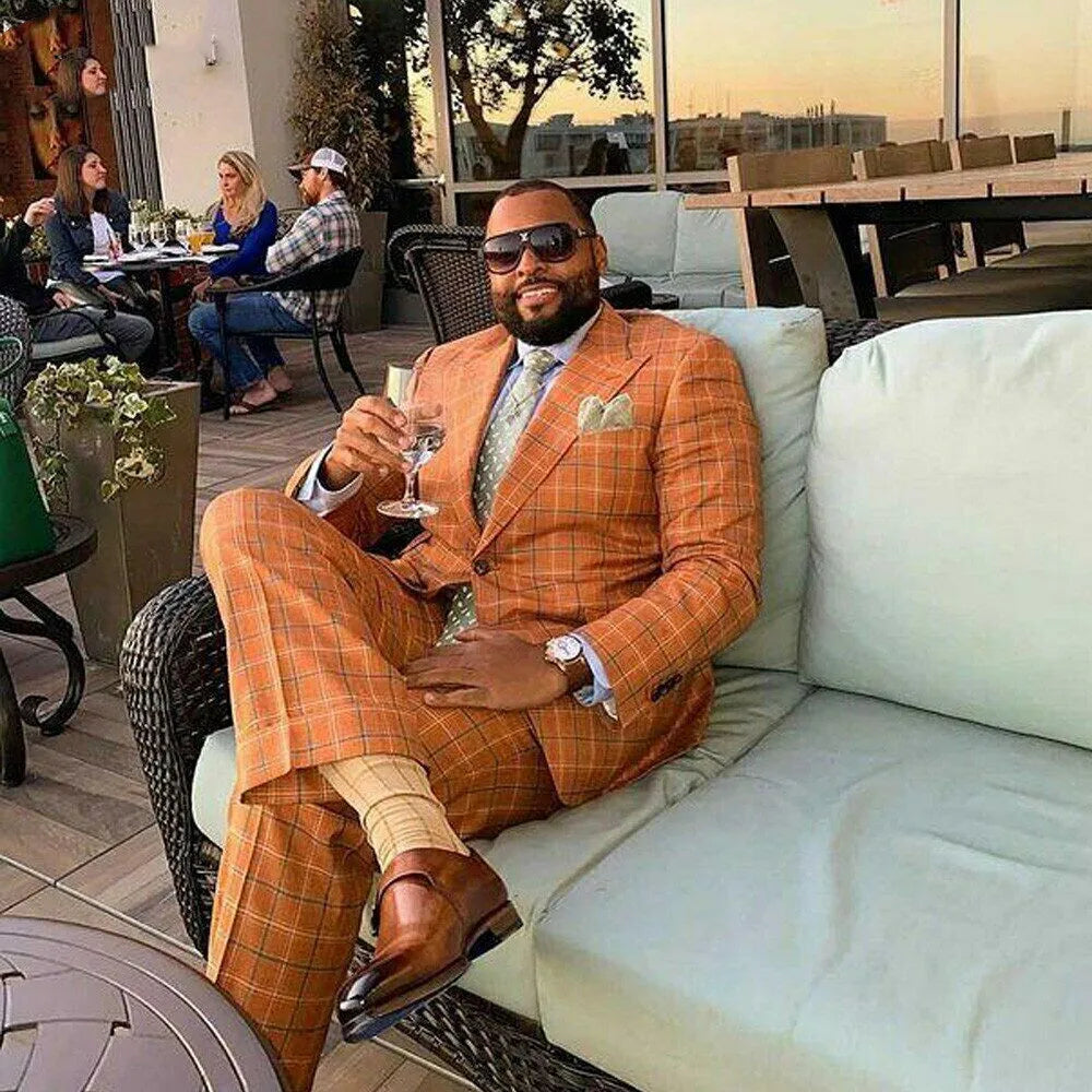 Gentle Orange Plaid Men Suit 2 Pieces Slim Fit Tailor-Made Blazer Pants Single Breasted Wedding Groom Work Wear Causal Tailored