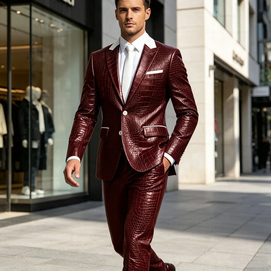 Men's PU Leather Suit 2-Piece Blazer and Pants Set – Slim Fit Smart Casual Tuxedo for Men