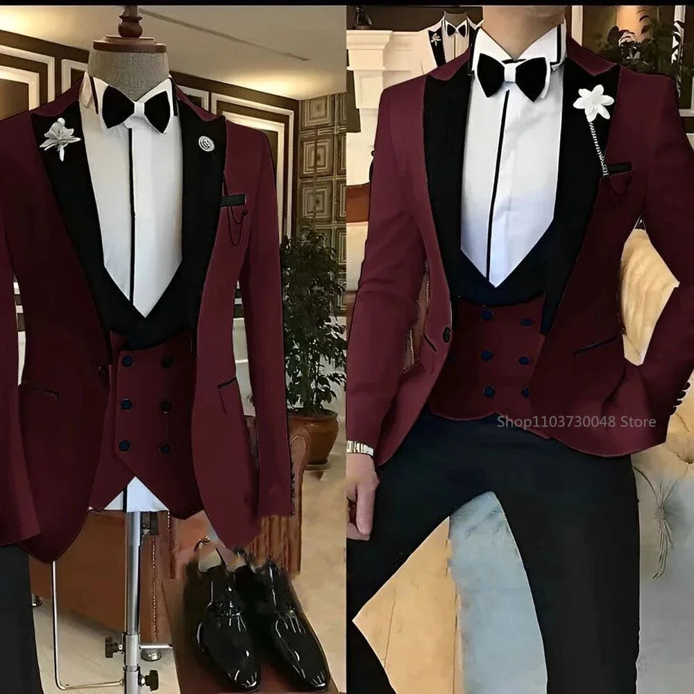 Latest Solid Formal Men's Wedding Suit Slim Fit Elegant Groom Tuxedos Business Party Suits 3 Pieces Sets (Jacket+Vest+Pants)