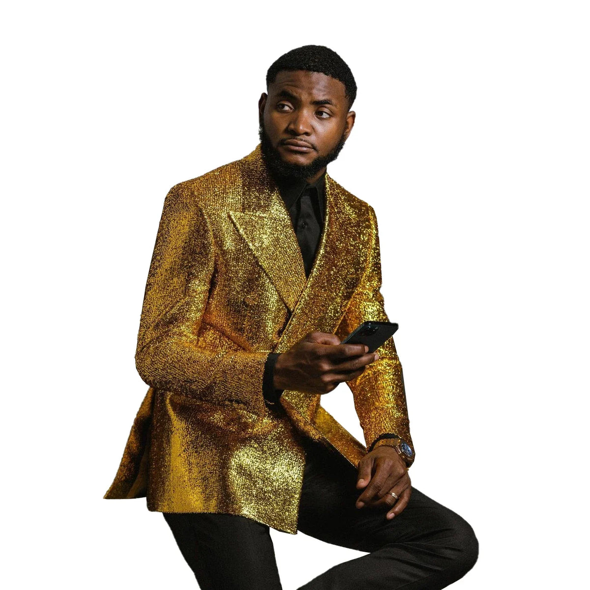 Gold Men's Suit 2 Pieces Blazer Black Pants One Button Peaked Lapel Business Slim Fit Formal Host Wedding Groom Costume Homme