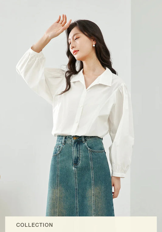 Cotton 100% White Shirt Casual Loose Shirts & Blouses 2026 Autumn New Lapel Lantern Sleeve Tops Women's Clothing M5017