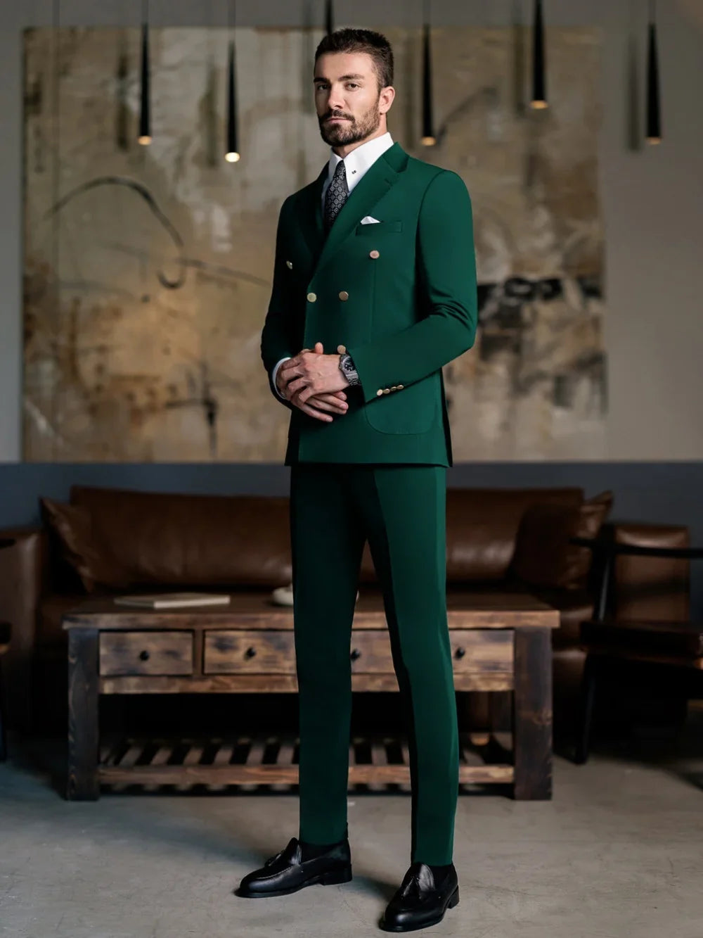 Green Formal Man Slim Fit Suits 2 Pieces Jacket Pants Birthday Party Wear Elegant Handsome Men's Suit Set Piano Performance Wear
