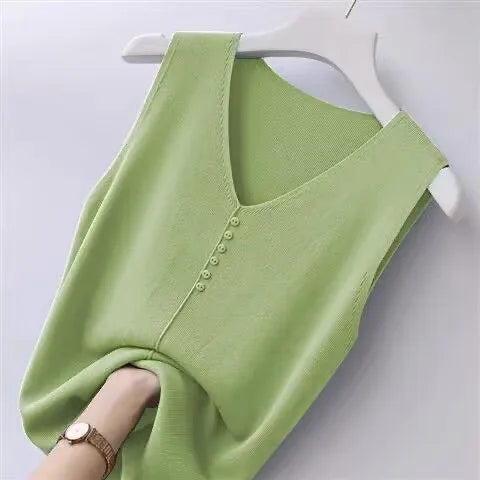 Summer Women's Tank Top Silk V-neck Wide Shoulder Strap Color Knitted Shirt Sleeveless Top Student Ice Silk Vest