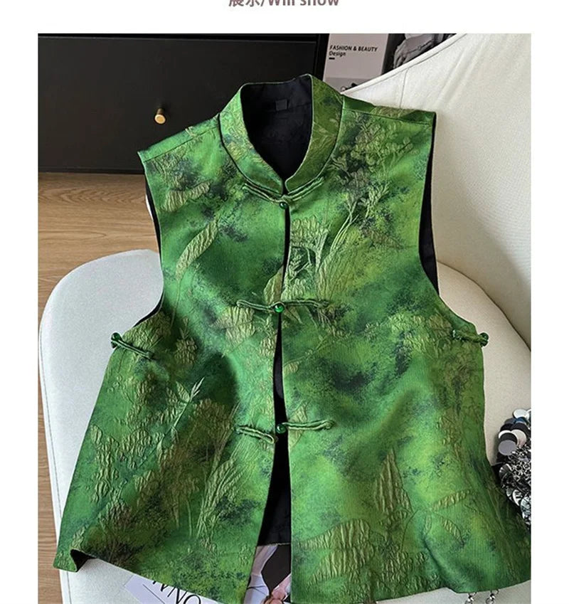 2025 Retro Chinese Literature Green Jacquard Vest Classical Chic Versatile Waistcoat Female Sleeveless Singlet Tops