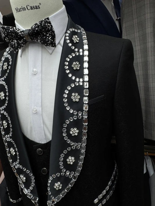 Exquisite Silver Beaded Men's Suit Wear Wedding Groom Sets Popular Dazzling Shawl Lapel 3 Pieces Dancing Suit Set For Men