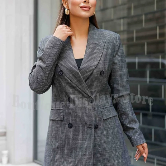 Formal Women's Suit Plaid Unique Peaked Lapel Straight Double Breasted Smart Casual Office Lady Female Clothes Set 2 Pieces