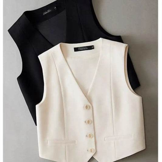 Women Fashion White Black Suit Vest New Short Style Sleeveless Jacket Office Lady V-Neck Casual Lined Blazers Vest Waistcoat