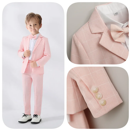Popular Boys Suits 3 Pieces Blazer Pants Bow-tie Wedding sets Cute Pink Kids Suit Set For School Performance Activities
