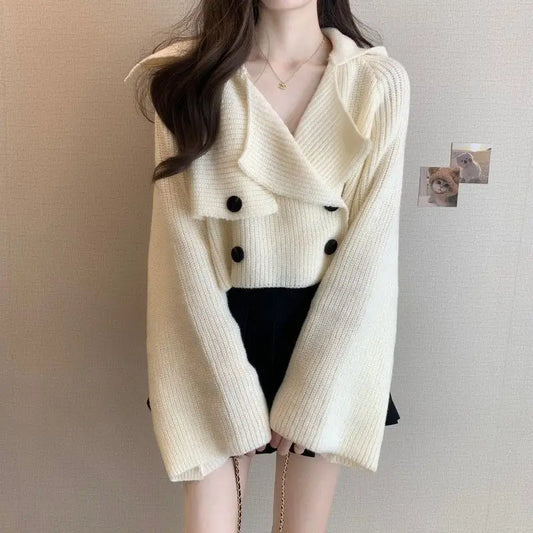 French Elegance Knitted Cardigan Crop Top Casual Turn-down Collar Short Sweaters Korean Chic All-match Office Lady Suit Jackets