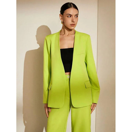 Chic Green V Neck Without Buckle Women Pants Set High-end Female Two Pieces(Jacket+Trousers)أطقم بناطيل