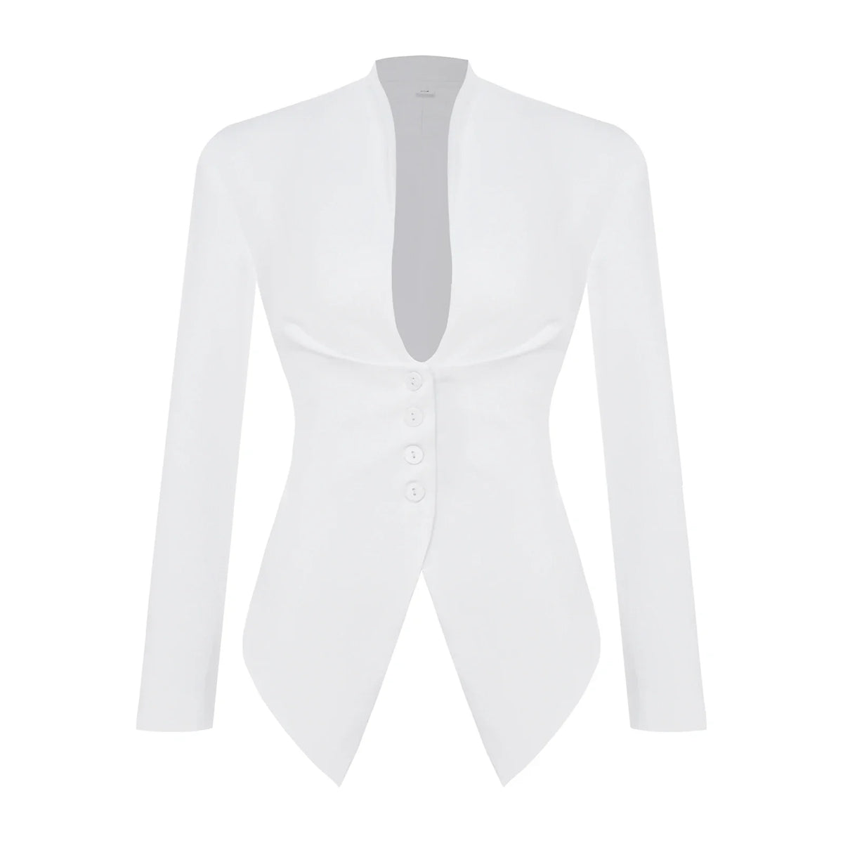 Women Solid Color Blazer V Neck Long Sleeve Padded Shoulders Belted Waist Button Pointed Hem Jacket Coat Office Lady Outerwear