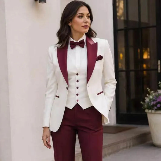 White And Burgundy Formal Business Women Suit Wedding Party Prom Mother Girl Tuxedos Costume 3 Piece Set Blazer Vest Pants