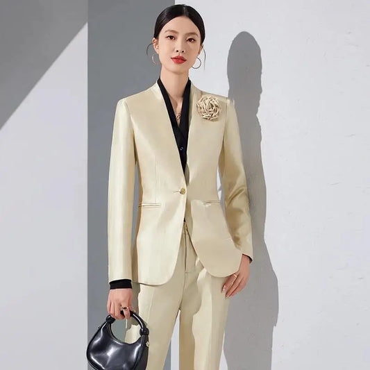 Women Blazer Pants Sets Gold Appliques Two Pieces 2024 Autumn Work wear Trousers Formal Solid Color Long Sleeve Tops Pantsuit