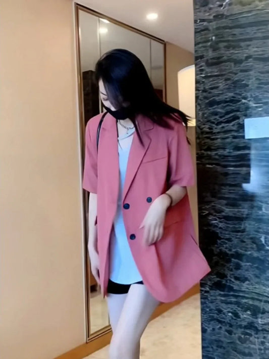 Slim Fit Short Sleeve Blazer Women's Casual Loose Office Top Thin Suit Coat Korean Fashion Summer New