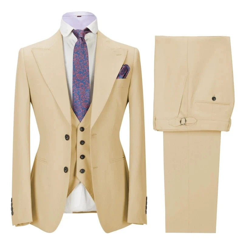 Men Suit 3 Pieces Beige Solid With Lapel Business Casual For Wedding Banquet Work Tuxedo Set Jacket Vest With Pants