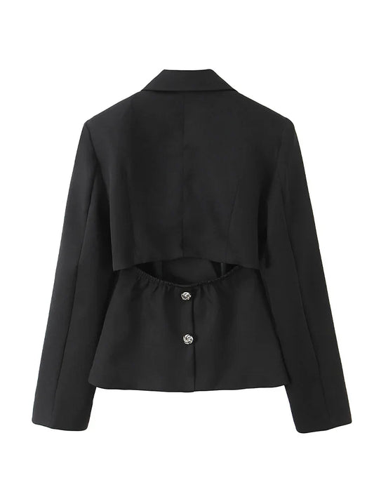 Woman Fashion Long Sleeves Black Blazer Spring Female Irregular Collar Single Button Back Hollowed Out Decoration Suit Jacket