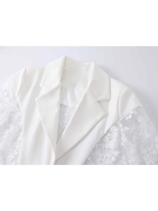 Women White Lace Patchwork Blazer Coat Fashion Vintage Harajuku Long Sleeve Suit Jacket Outerwear Top 2000s Clothes Autumn 2025