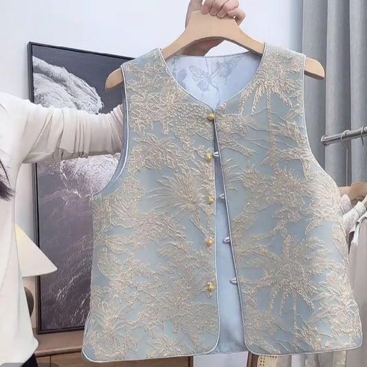 Women's Vest 2026 Chinese Crew Neck Jacquard Sleeveless Jacket Spring Autumn Versatile Female Waistcoat Tops Chalecos Para Mujer