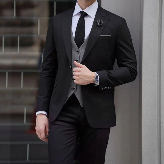 Men Suit 3 Pieces Black Gray With Lapel Single Button For Wedding Banquet Party Business Work Office Daily Jacket Vest Pants