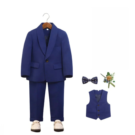 Kids Elegant Blue Suit Set Boys 5Pieces Jacket Vest Pants Bowtie Brooch Formal Wedding Birthday Performance Photograpy Outfit