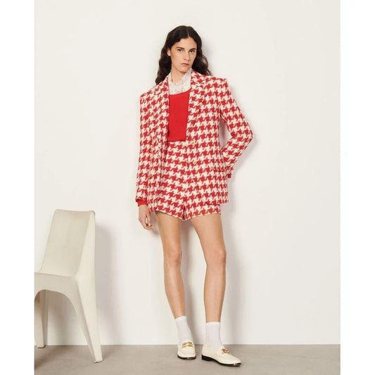 Fashion Houndstooth Women Short Pants Suits For Wedding Custom Made White Pink Long Sleeve Evening Fashion Wear 2 Pieces
