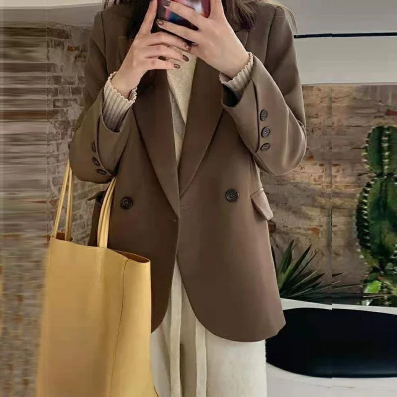 Women's 2025 SS FW Brown Double Breasted Loose Blazer Korean Trendy Casual Workwear Slimming Chic Fashion Internet Hot Jacket