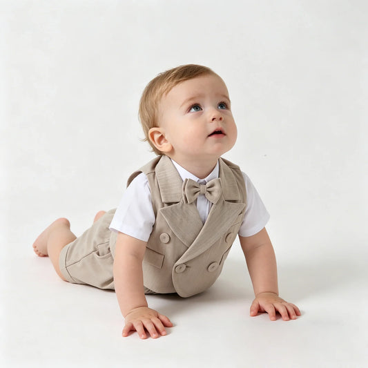 Toddler 3-24 Month Boys 3Pcs Solid Khaki Double Breasted Vest Shorts Bow Tie Wedding Baptism Birthday Formal Gentleman Outfit