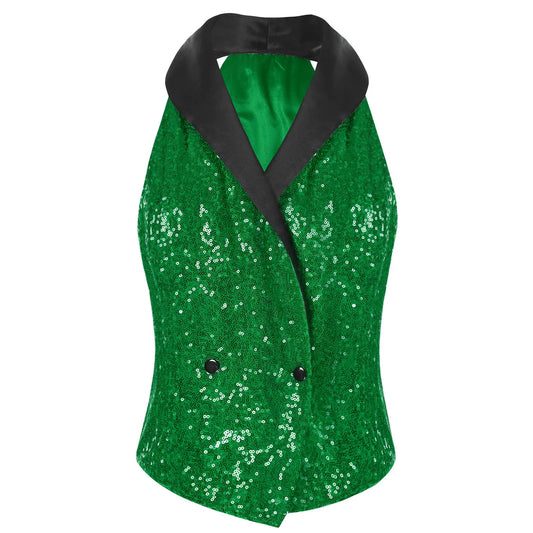 Women's Sparkly Sleeveless Waistcoat Rave Music Festival Glitter Sequin Suit Vest V-neck Hip Hop Jazz Dance Costume Mujer