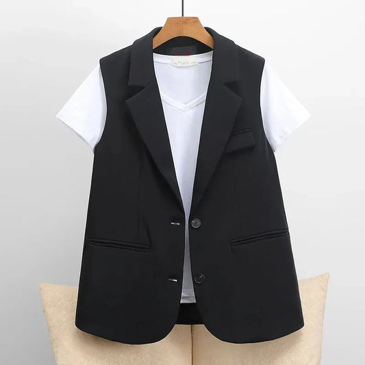 Women Spring Autumn New Korean Sleeveless Suit Vest Jacket Female Autumn Mid Length Version Slim Shoulder Vest Blazer Coat