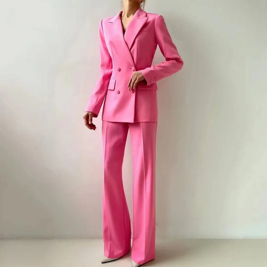 Women Suit 2 Pieces Rose Pink With Lapel Double Button For Wedding Banquet Party Business Office Commute Daily Blazer And Pant