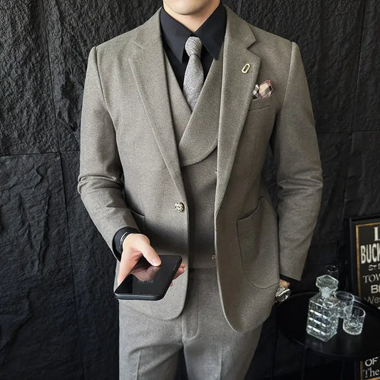 Korean Slim Business Suit Woolen Suit 3 Piece Set (jacket+vest+pant) Business Formal Casual Suits Office Party Prom Wedding Suit