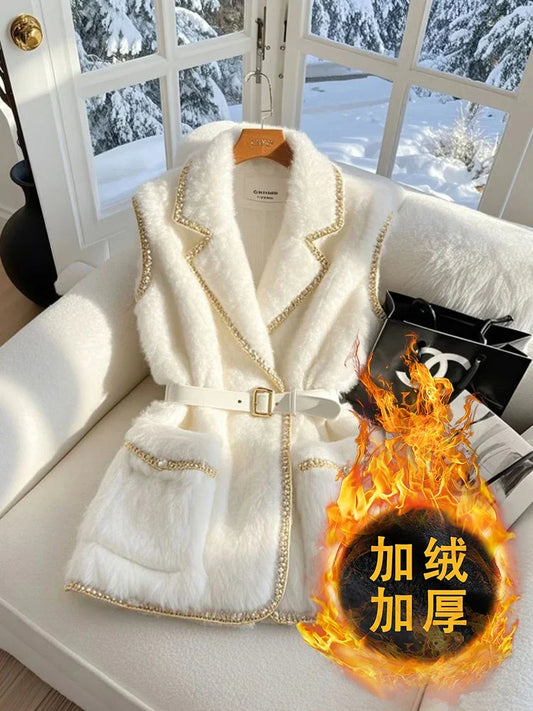 2025 Mohair Soft Fur Knitting Blazers Waistcoat Thicken Winter Vest Jackets Women Elegant White Sleeveless Outerwear Office Lady