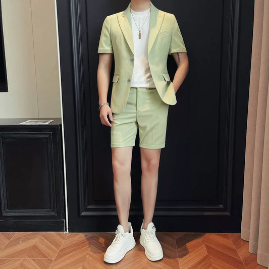 (Jacket+Shorts) Summer Fashion Short Sleeve Suit Jacket Match Short Pant Slim Fit Solid 2-Piece Men Casual Office Party Tuxedo