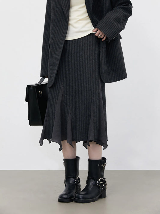 Fashion Women Woolen Blazer Coat Loose Casual Office Ladies Suit Jacket Striped Fish Tail Skirt Set Autumn Winter 2026