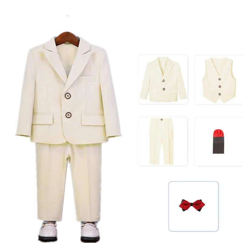 Boys Pure Pink Jacket Vest Pants Bowtie+Pocket Cloth 5pcs Wedding Birthday Outfit Kids Formal Piano Host Performance Costume