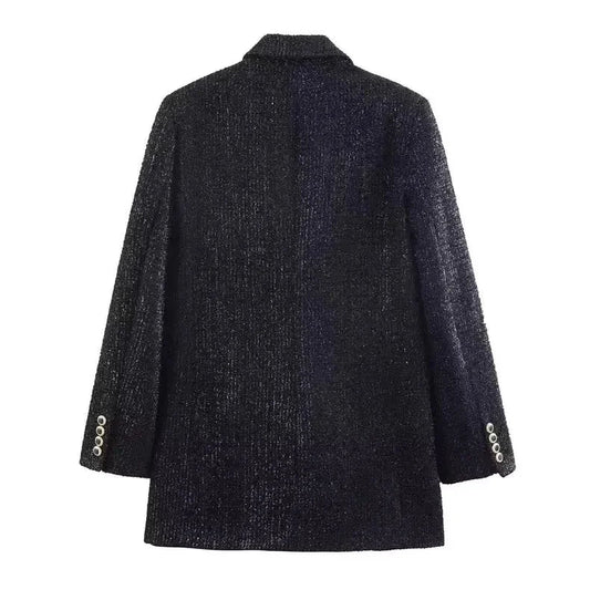Office Lady Chic Black Blazer V Neck Double Buttons Long Jackets Fashion 2026 Casual Pockets Female Party Outwears