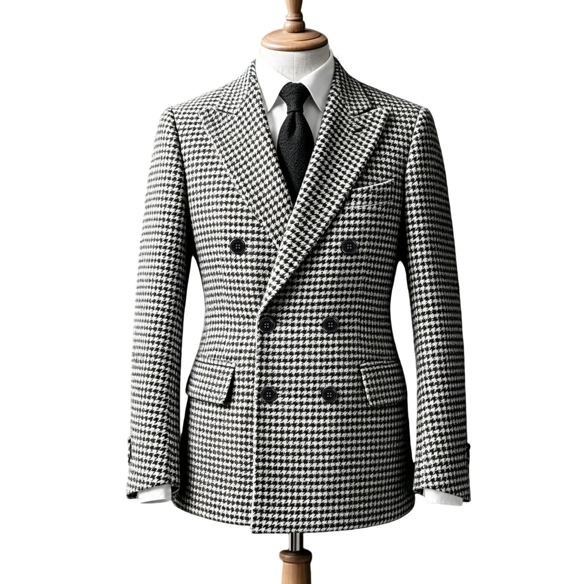 Men's Double Breasted Houndstooth Suit Jacket Classic Slim Fit Groom Wedding Blazer