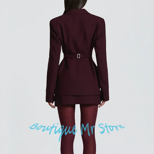 Elegant Sexy Women's Burgundy Suit Single Breasted Notch Lapel Blazer and Mini Skirt Set Chic Business Casual Outerwears