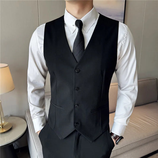 Men's 3 Piece Suit Set Single‑Button Solid Color Slim Fit Business Casual Wedding Banquet Party Jacket Vest Pants Formal Outfit
