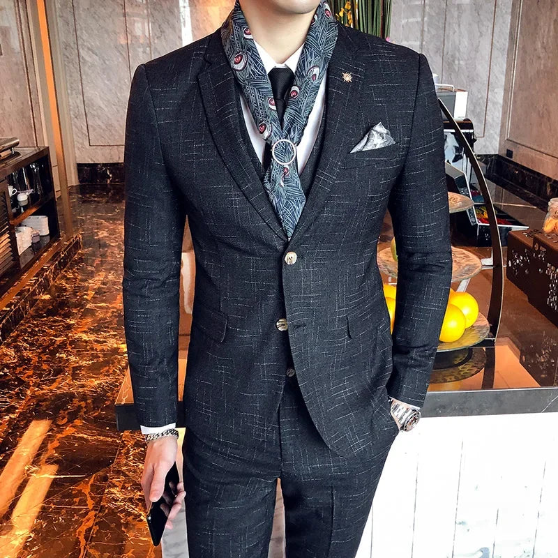 Men's 3-Piece Striped Formal Suit – Blazer, Vest & Trousers | Italian Style Business Gentleman
