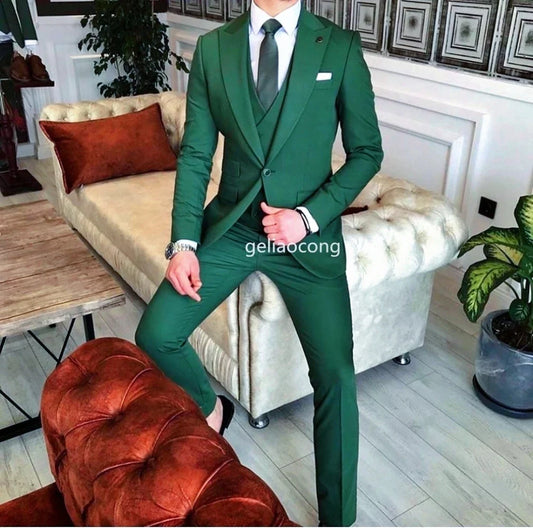 Slim Fit Elegant Green Men's Formal Suit 3 Piece Set Jacket Vest Pants for Wedding Business Party Groom Tuxedo Set Latest Style