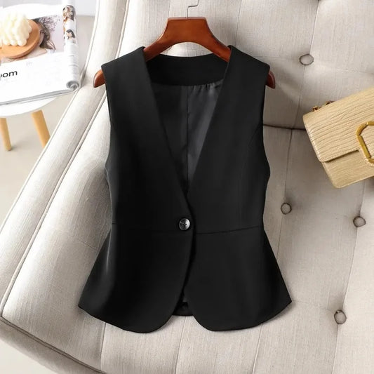 Korean Women Short Blazer Sleeveless Outwear Spring Autumn Female Suit Vest Jacket Ladies V-neck Lined Waistcoat Coat 
