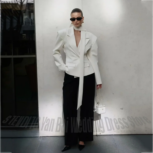 Women Elegant Suit With Scarf Notched Lapel Blazer Pants Regular Fit Contrast Color Outfit Fashion Formal Set For Office Lady