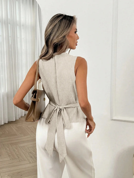 New Women's Cotton Linen Elegant Waistcoat Vest for Spring Summer Autumn, Back Tie Design Vest with Unique Hand-Sewn Buttons
