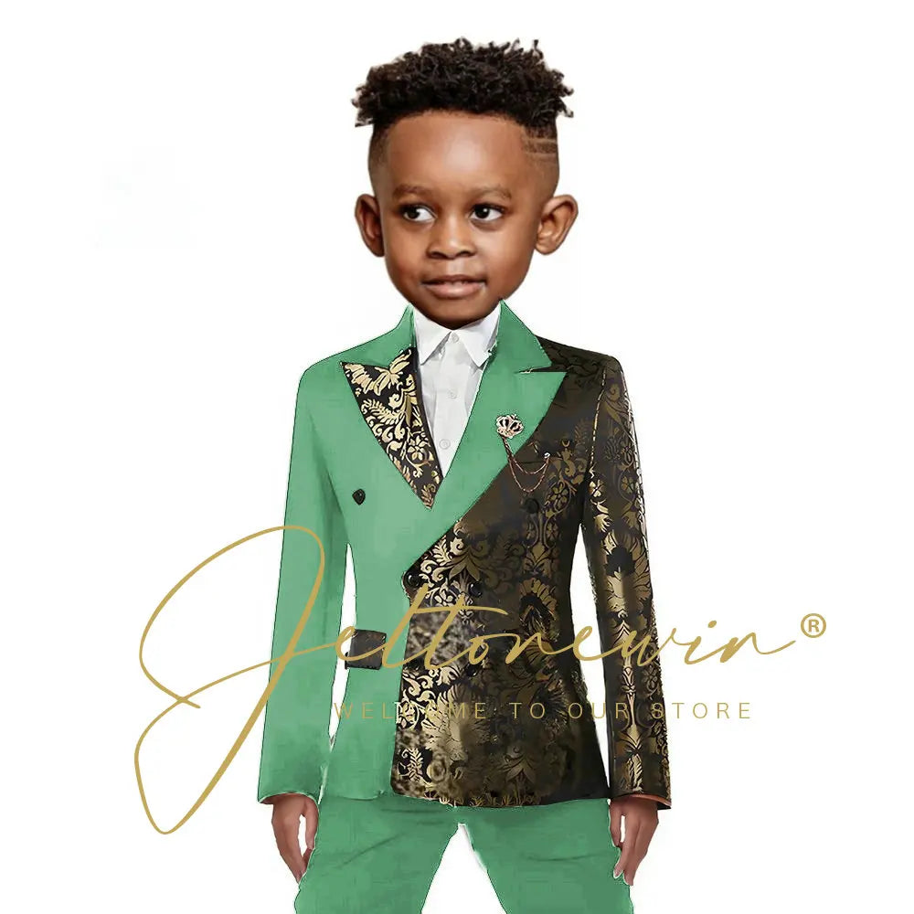 Black And Gold Floral Wedding Boys Suit Double Breasted Formal Kids Blazer Set Party Dress Child Tuxedo Jacket Pants 2 Piece Set